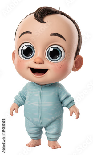 Adorable 3D Baby with Large Eyes in Blue Sleepwear for Children’s Animation or Artwork