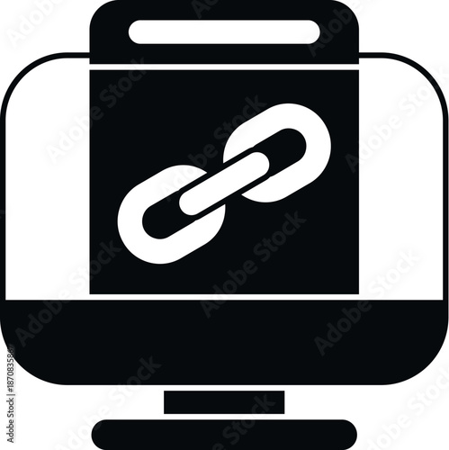 Computer monitor showing a chain link symbol representing backlink and seo concepts