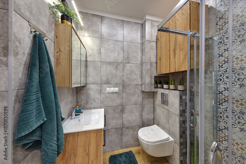 Wallpaper Mural Łazienka w kawalerce z kabiną prysznicową w stonowanych kolorach Torontodigital.ca