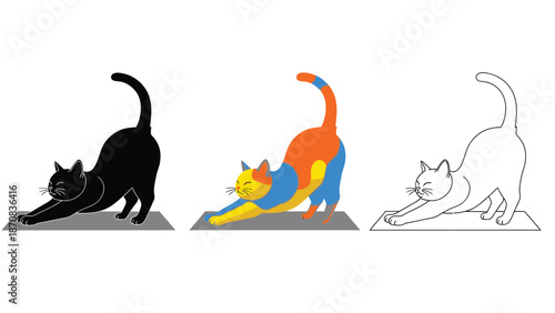 Set of three stylized cat stretching illustrations demonstrating yoga poses and different art styles