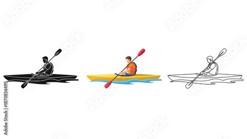 Collection of stylized vector icons depicting a man actively kayaking across calm blue waters
