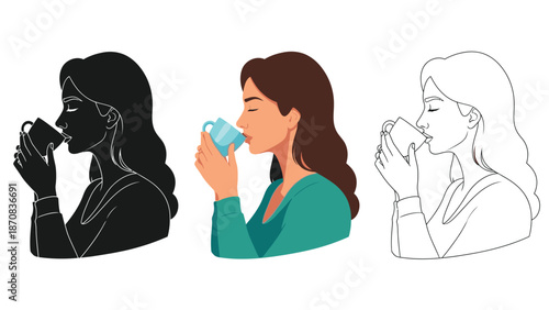 Set of three stylized illustrations depicting a woman enjoying a warm beverage from a mug