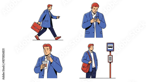 Businessman illustrated in four different daily routine scenarios showing commuting and technology use