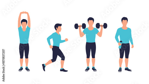 Man demonstrates four different stages of a complete physical fitness workout routine sequentially