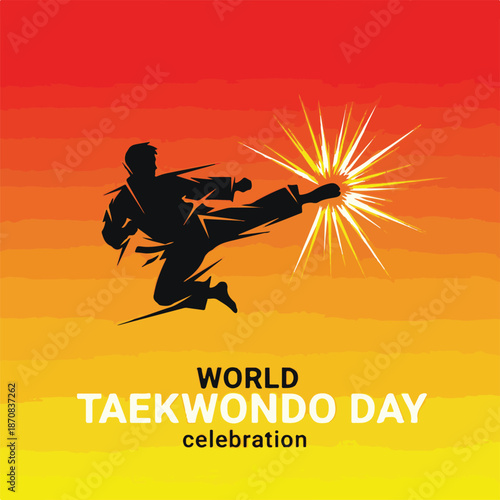 World Taekwondo Day Celebration Poster with Silhouette Martial Artist Kicking