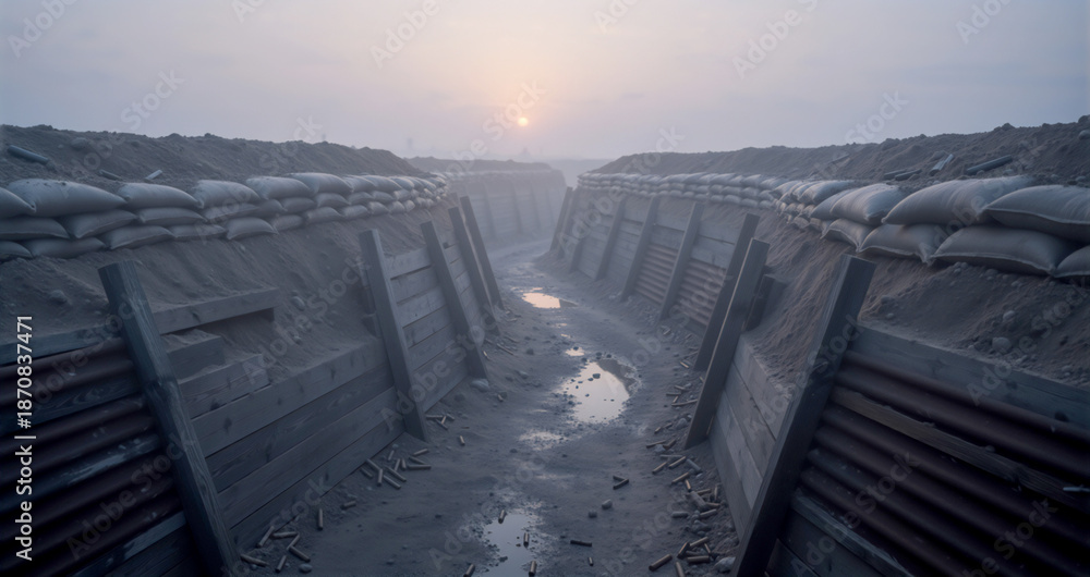 Fototapeta premium Foggy military trench at dawn with sandbags and scattered bullet casings. Deep winding fortification on a battlefield. Historical World War concept