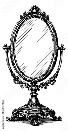 Hand drawn illustration of an antique vanity mirror depicting an ornate frame for vintage decor