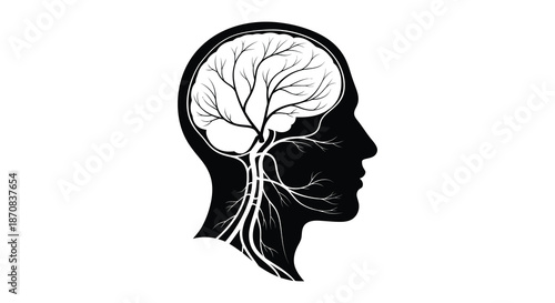 Human head profile with tree roots and branches inside a striking silhouette