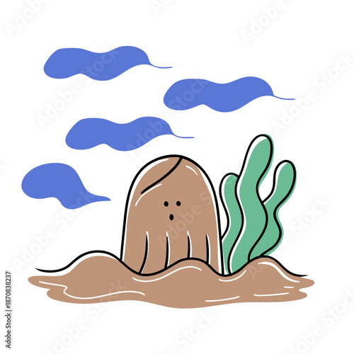 Cartoon octopus hiding among seaweed with blue clouds in background  