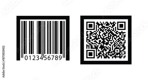 Two distinct qr code and barcode patterns presented as a dark silhouette