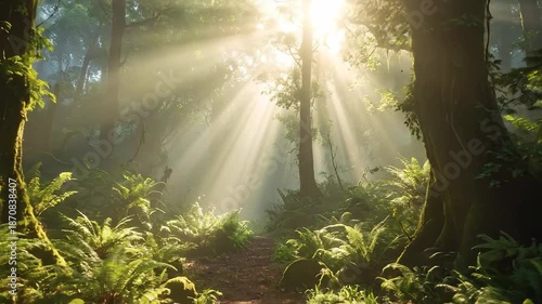Sunlight streams through a lush green forest, illuminating a winding path.