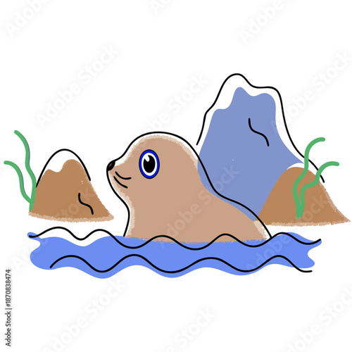 Cute seal swimming in water with mountains and seaweed in background  