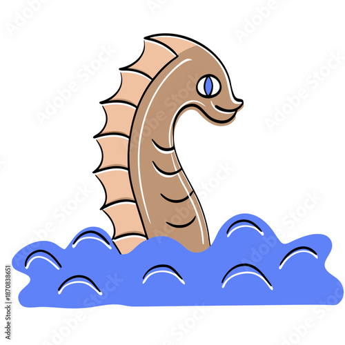 Cartoon sea serpent emerging from blue waves in playful style  