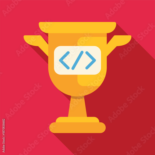 Coding award trophy with programming tags icon for hackathon winner concept