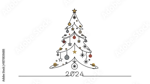 Minimalist Christmas Tree Illustration with Year 2024 Decorative Theme