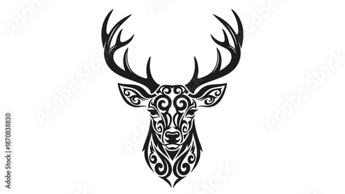 Intricate tribal styled deer head tattoo design with symmetrical patterns for body art visualization