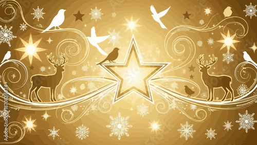 Elegant festive holiday background featuring glowing star, reindeer, birds, and snowflakes in warm