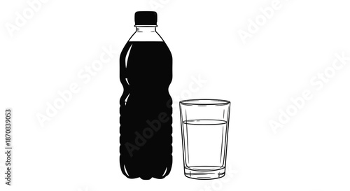 A bottle and glass depicted in a striking black and white silhouette
