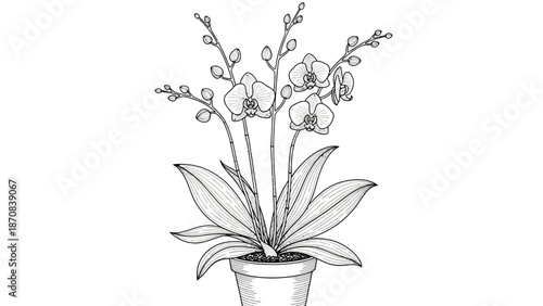 Elegant Line Drawing of Orchid Plant in Bloom with Detailed Leaves and Stems for Artistic