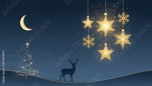 festive winter night scene with glowing stars snowflakes and reindeer under a crescent moon