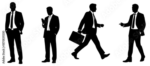 Silhouettes of businessmen in various poses on a white background, showcasing professional attire and actions
