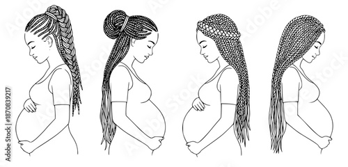 A diverse group of pregnant women showcasing various hairstyles, gently cradling their baby bumps in anticipation of motherhood, rendered in elegant line art illustration