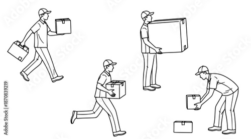 Dynamic vector illustrations showcasing delivery workers engaged in various package handling tasks, emphasizing efficient logistics and reliable shipping services for modern businesses