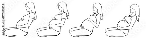 Illustrative sequence showing the progression of a pregnant woman's posture and belly size while seated