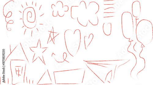 collection of hand-drawn, red-line doodle elements, which are often used for decorative or illustrative purposes. 
