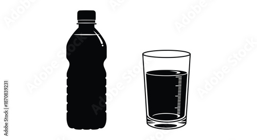 A bottle and a glass with liquid presented as a dark silhouette