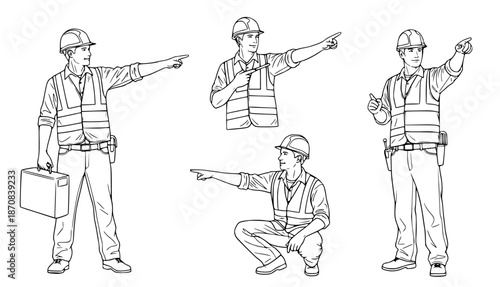 Line art illustrations of construction workers in different poses, pointing and holding a briefcase