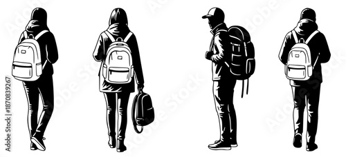 Illustrations of people with backpacks seen from different angles, depicting travel or commuting