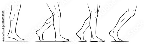 Series of illustrations depicting the stages of human walking movement and gait cycle, highlighting foot placement and leg motion