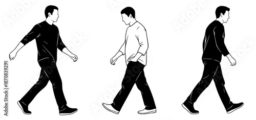 Collection of black and white illustrations showcasing three distinct men in mid-stride, capturing the essence of human locomotion and forward motion