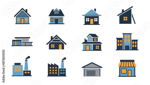 Collection of various stylized building icons in different architectural styles and designs