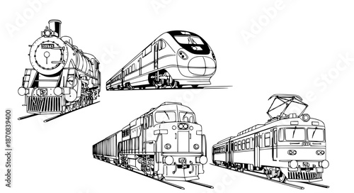 Collection of Diverse Train Illustrations on Tracks