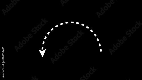Curved white arrow animation with dotted line, curved arrow to the left, black screen 4k video