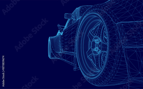 A detailed 3D wireframe model of a high-performance sport car engine, featuring a prominent turbine component on a solid blue background.