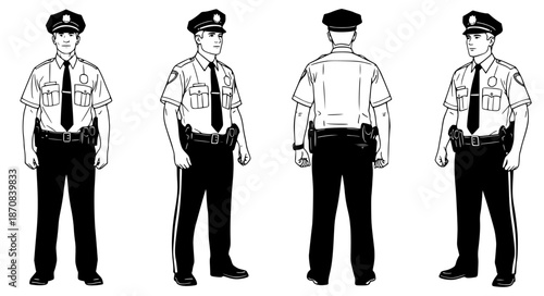 Uniformed Officer Full Body Views Front, Side, and Back