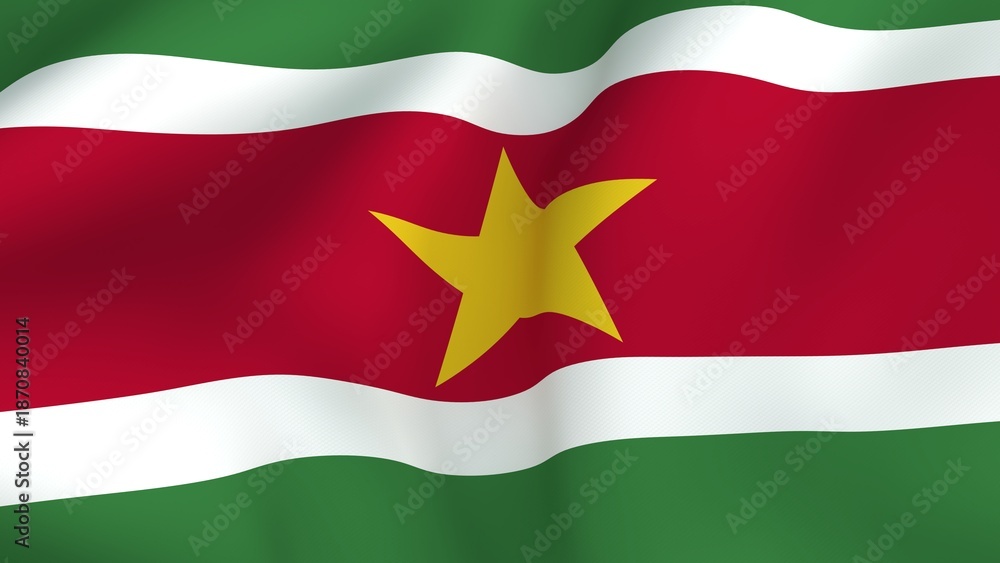Obraz premium Suriname flag waving background with realistic fabric texture and yellow star