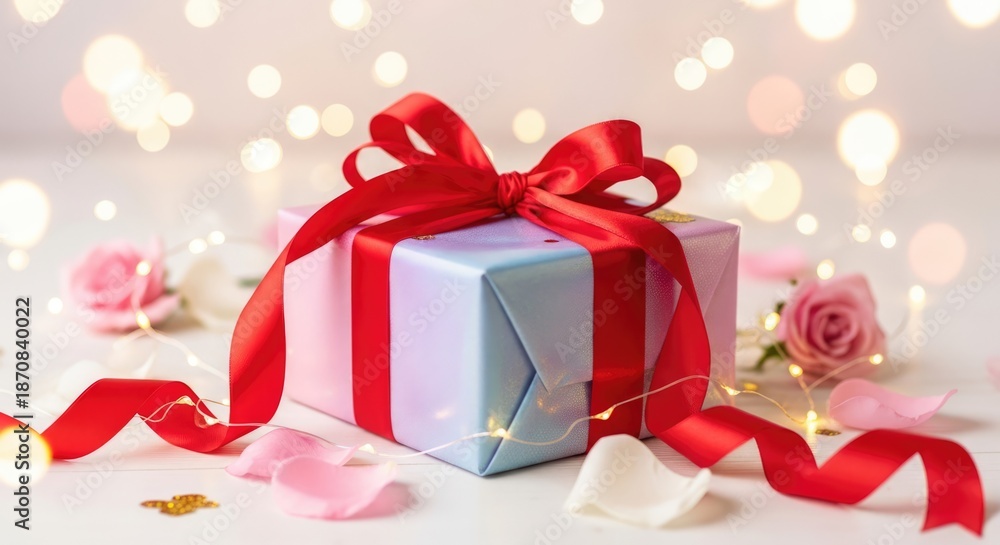 Obraz premium Beautifully wrapped gift box with red ribbon and roses for Valentine's Day