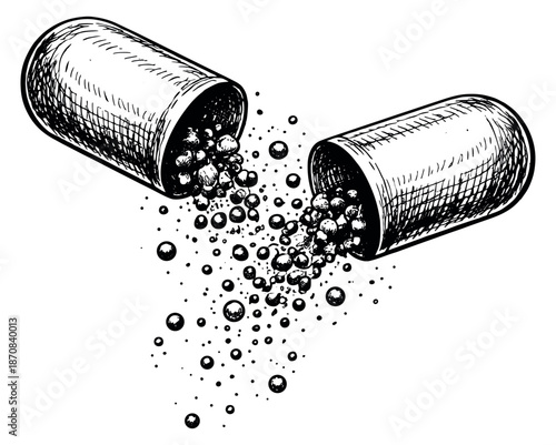 Hand drawn illustration of an opened capsule depicting granules spilling out for medical concepts
