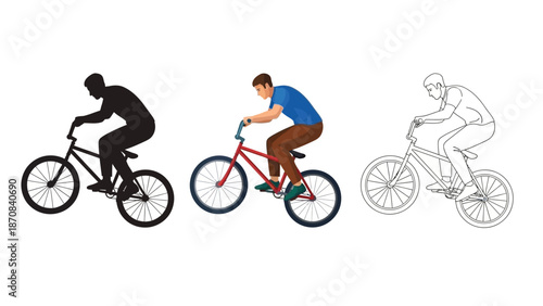 Collection of cyclist riding a bmx bicycle in silhouette color and outline styles