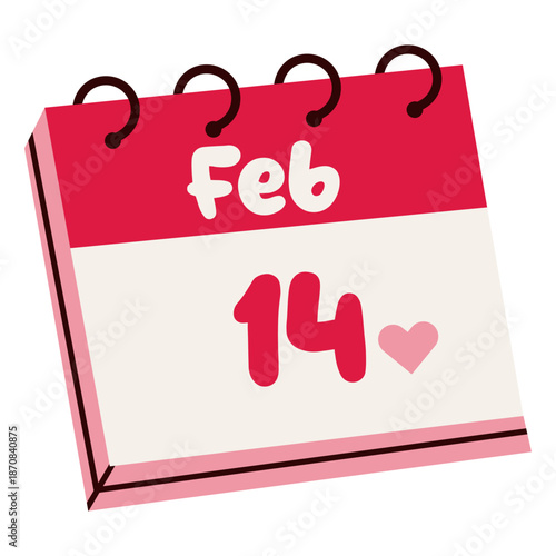 Flat vector illustration of a calendar showing February 14th, ideal for Valentine's Day, romantic events, holiday schedules, and celebration planners