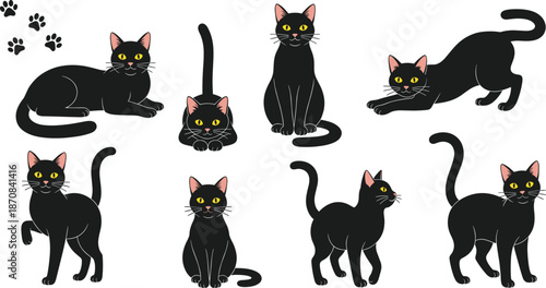 Black cat cartoon character vector set with multiple poses, yellow eyes and playful movements for pet illustration design