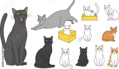 Cute cartoon cat character vector set with different poses, colors and playful expressions for pet illustration design