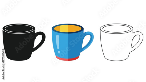 Collection of three different stylized coffee mugs illustrating solid fill outline and flat icon designs
