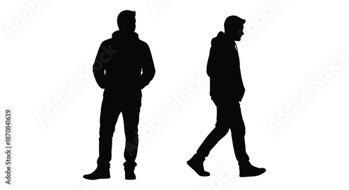 Two men walking in different directions a striking black silhouette