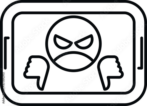 Tablet displaying an angry emoji with thumbs down symbolizing online hate and digital harassment