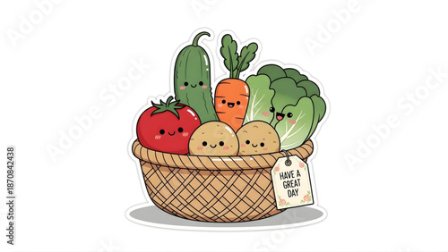 A delightful illustration of a wicker basket overflowing with an assortment of charming, smiling cartoon vegetables, perfect for promoting healthy eating and a cheerful day